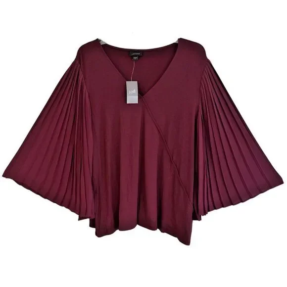 J Jill Bordeaux Pleated Bell Sleeve Top Womens Sz XL V Neck Flowing Dramatic NEW - Picture 3 of 15